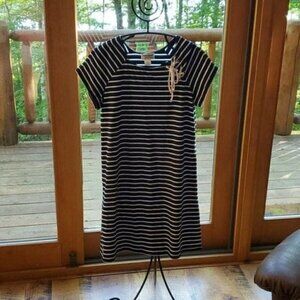 Anthony Richards Striped Decorative Neck Closure Short Sleeve Sz SP‎ Midi Dress